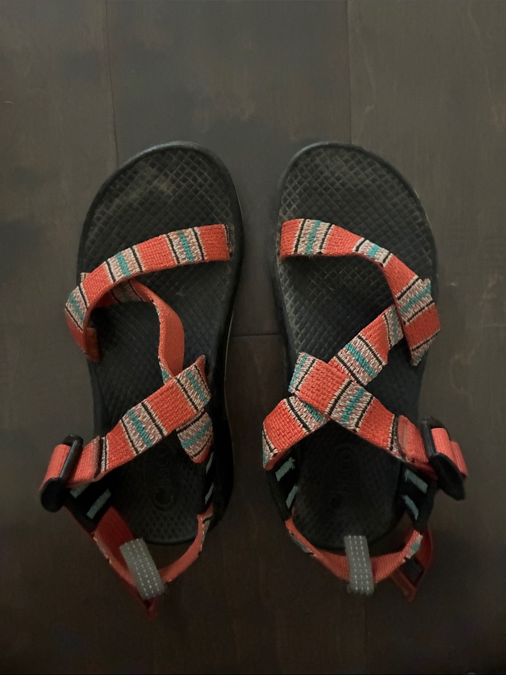 Chaco Kids Red Patterned Webbing Sandals with Teal Accents